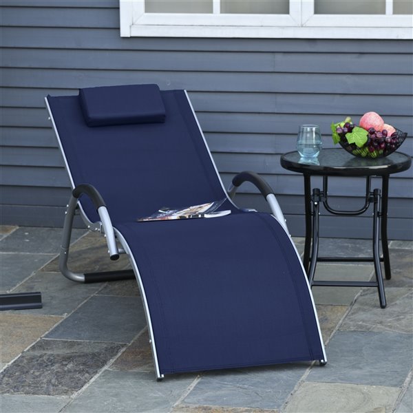 Outsunny Deck Chair Grey Metal Stationary Chaise Lounge Chair with Blue Solid Seat