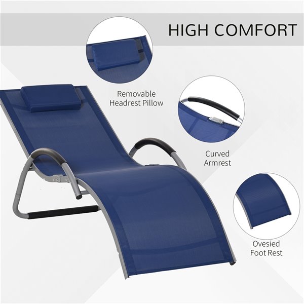 Outsunny Deck Chair Grey Metal Stationary Chaise Lounge Chair with Blue Solid Seat