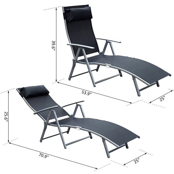 Outsunny Deck Chair Grey Metal Stationary Chaise Lounge Chair and Black Seat