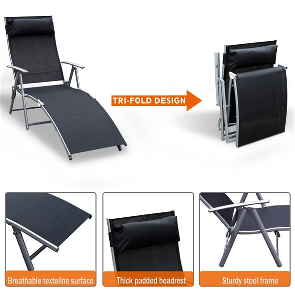 Outsunny Deck Chair Grey Metal Stationary Chaise Lounge Chair and Black Seat