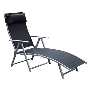 Outsunny Deck Chair Grey Metal Stationary Chaise Lounge Chair and Black Seat