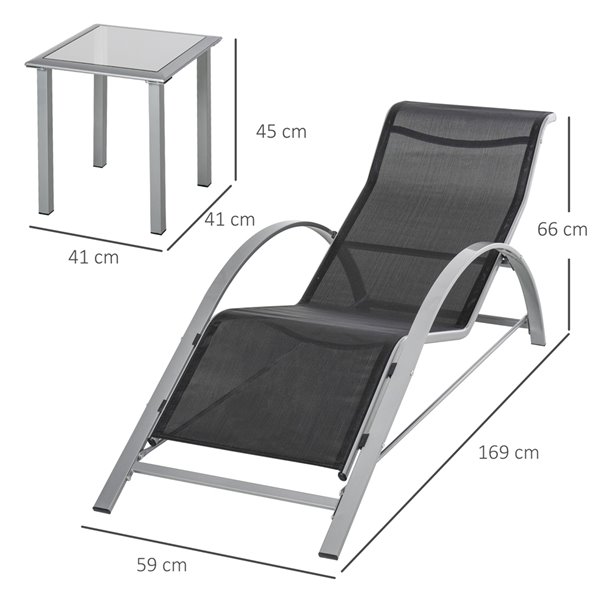 Chaise longue stationnaire Outsunny en métal gris, assise solide en maille, noire