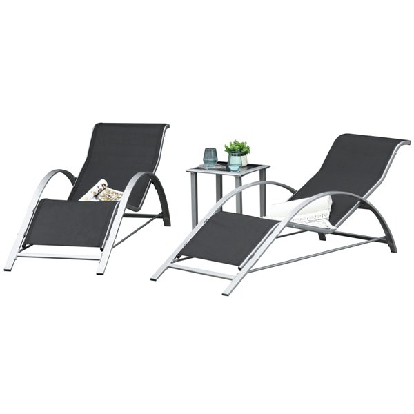 Chaise longue stationnaire Outsunny en métal gris, assise solide en maille, noire