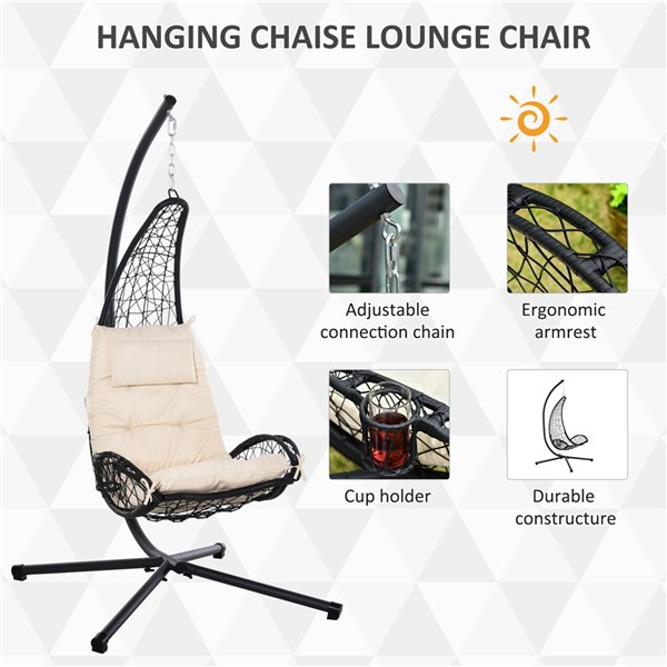 Outsunny Hanging Chair Black Wicker Wood Swivel Balcony Chair with Beige Solid Seat