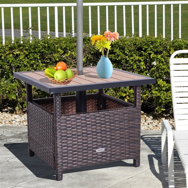 Outsunny Wicker Rattan Outdoor Patio Side Table with Umbrella Hole 