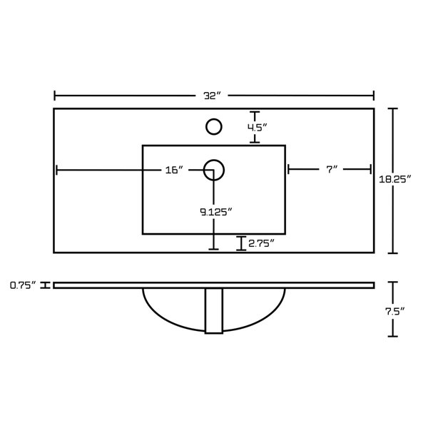 American Imaginations Roxy 32-in White/Black Enamel Glaze Fire Clay Single Sink Bathroom Vanity Top