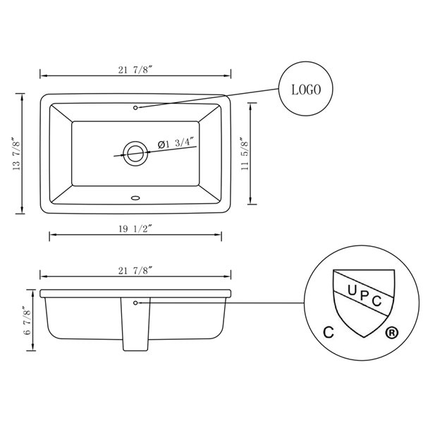 American Imaginations 13.87-in x 21.87-in White/Black Ceramic Undermount Rectangular Bathroom Sink with Overflow Drain
