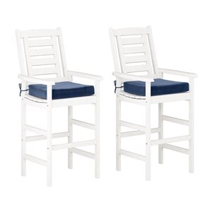 Tabourets de bar d'extérieur Miramar en bois massif blanchi de CorLiving, coussins blue marine, lot de 2