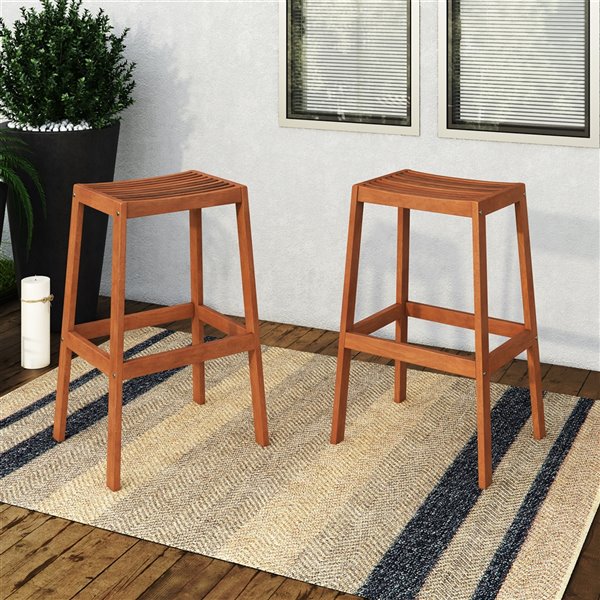 CorLiving Miramar Set Of 2 Brown Wood Stationary Bar Stool Chairs with Slat Seat