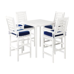 Ensemble de salle à manger style bar pour l'extérieur en bois massif blanc Miramar avec coussin bleu par Corliving, lot de 5