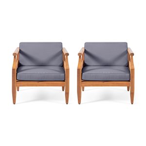 Best Selling Home Décor Aston Set Of 2 Teak Wood Stationary Conversation Chairs with Dark Grey Cushioned Seat