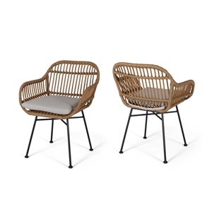 Best Selling Home Decor Orlando Set Of 2 Beige Rattan Wood Stationary Conversation Chairs with Beige Cushioned Seat