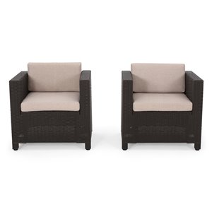 Best Selling Home Décor Waverly Set Of 2 Dark Brown Wicker Wood Stationary Conversation Chairs with Beige Cushioned Seat