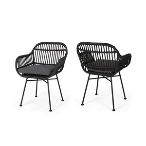 Best Selling Home Decor Orlando Set of 2 Black/Grey Rattan Wood Stationary Conversation Chairs with Dark Grey Cushioned Seat