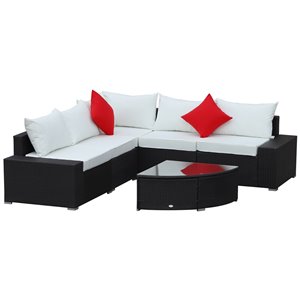Outsunny 6-Piece Black Metal and Brown Wicker Patio Conversation Sofa Set with White Cushions Included