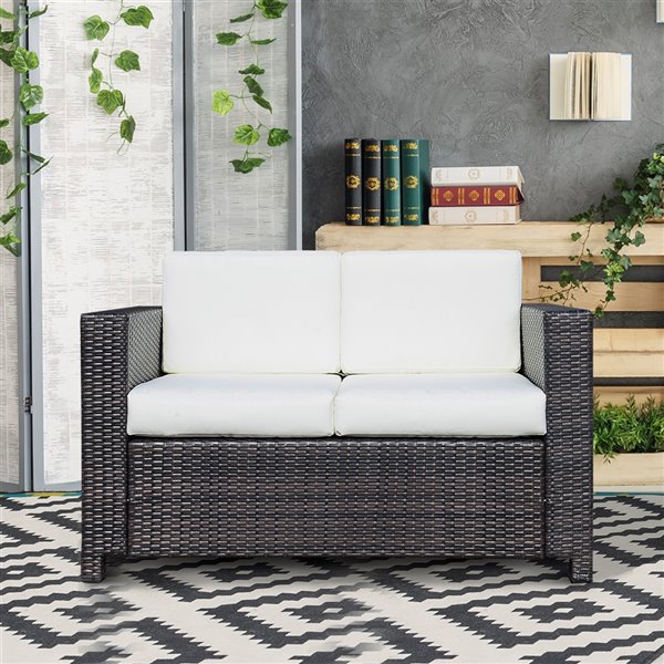 Outsunny Wicker Outdoor Loveseat with Brown Wicker Frame and White Cushions