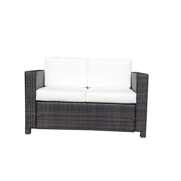 Outsunny Wicker Outdoor Loveseat with Brown Wicker Frame and White Cushions