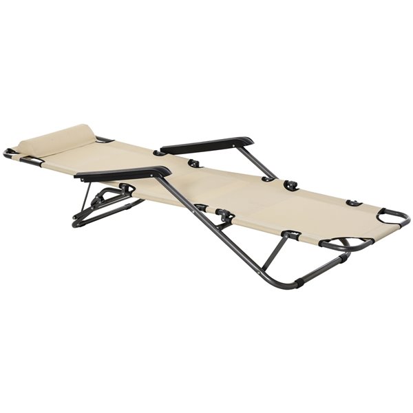 Outsunny  Black Stackable Metal Stationary Folding Chaise Lounge Chair with Beige Solid Seat