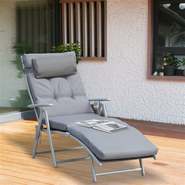 Outsunny Grey Metal Stationary Folding Reclining Chaise Lounge Chair with Grey Solid Seat
