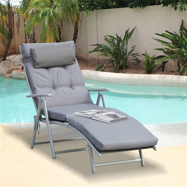 Outsunny Grey Metal Stationary Folding Reclining Chaise Lounge Chair with Grey Solid Seat