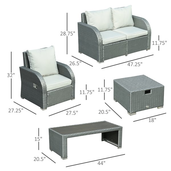 Outsunny 6-Piece Grey Metal and Rattan Patio Conversation Set with Cushioned Seats