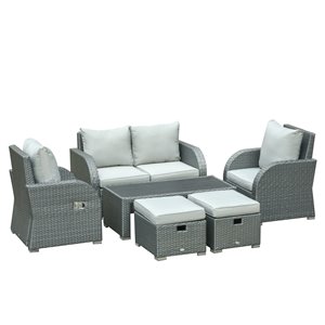 Outsunny 6-Piece Grey Metal and Rattan Patio Conversation Set with Cushioned Seats