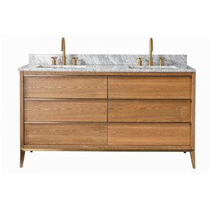 KINWELL 60-in Light Oak Double Sink Bathroom Vanity with White Marble Top and 6 Drawers