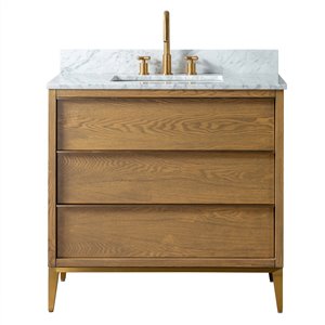 KINWELL 30-in Light Oak Single Sink Bathroom Vanity with White Marble Top and 2 Drawers
