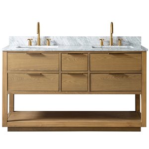 KINWELL 60-in Light Oak Double Sink Bathroom Vanity with White Marble Top and 4 Drawers