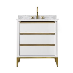 KINWELL 30-in White Single Sink Bathroom Vanity with White Marble Top