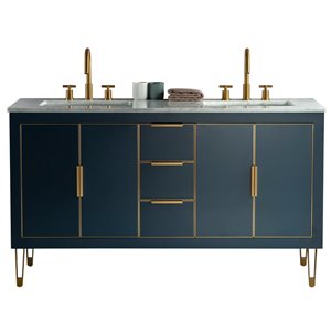 Kinwell 60-in Blue Double Sink Bathroom Vanity with White Marble Top with 3 Drawers