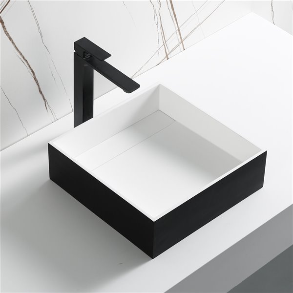 ALFI brand Black and White Resin Vessel Square Bathroom Sink with Drain (15.13-in x 15.13-in)