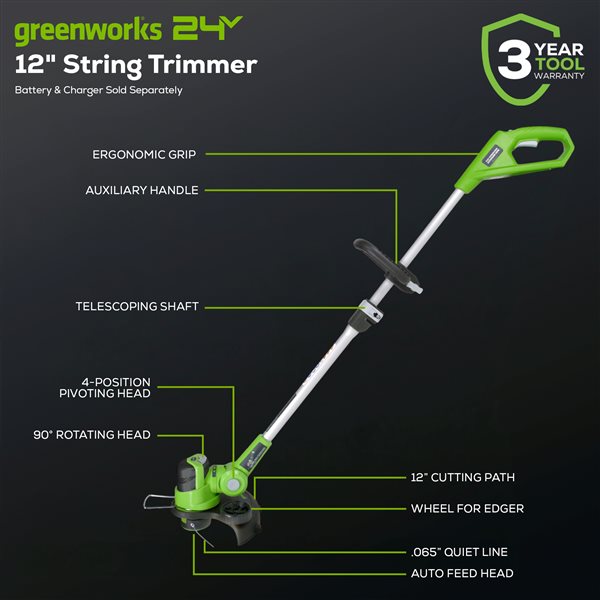 Greenworks 24-Volt 12-in Straight Cordless String Trimmer with Edge Guide (Tool Only)