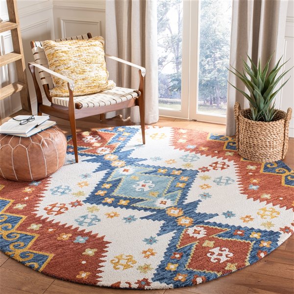 Tapis décoratif d'intérieur rond ivoire/bleu Aspen par Safavieh de style éclectique, 7 pi x 7 pi