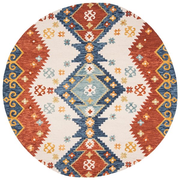 Tapis décoratif d'intérieur rond ivoire/bleu Aspen par Safavieh de style éclectique, 7 pi x 7 pi