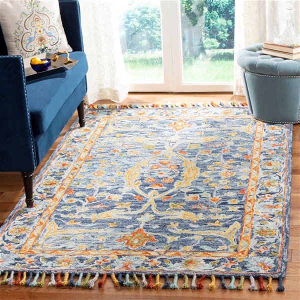 Tapis décoratif d'intérieur rectangulaire bleu/rouille Aspen par Safavieh de style éclectique, 9 pi x 12 pi