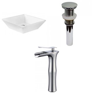 American Imaginations White Ceramic Vessel Square Bathroom Sink with Faucet and Drain (15.75-in)