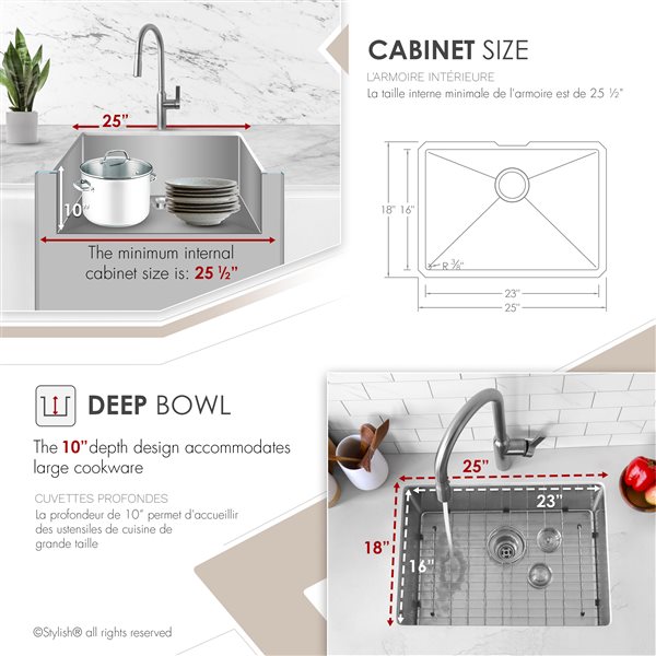 Stylish 25-in Single Bowl Undermount Stainless Steel Kitchen Sink