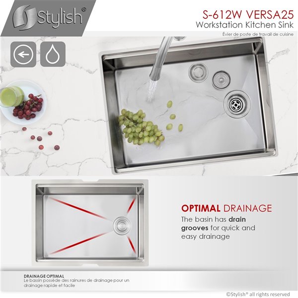 Évier de cuisine simple sous plan Versa de Stylish avec station de travail, 25 po x 19 po