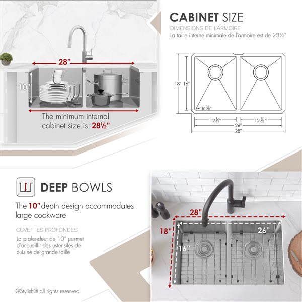 Évier de cuisine double sous plan Styluxe Topaz de Stylish en acier inoxydable 28 po x 18 po