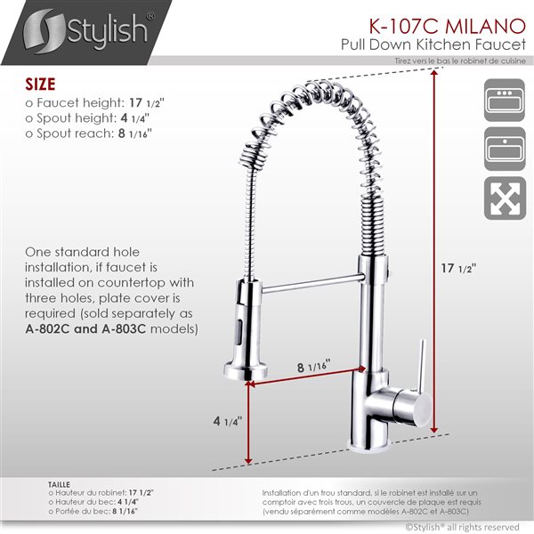 Stylish Milano Chrome 1-Handle Deck Mount High-Arc Handle/Lever Kitchen Faucet