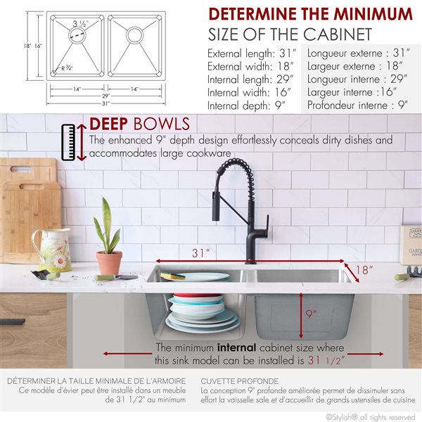 Stylish 31-in Double Bowl Dual-Mount  Stainless Steel Kitchen Sink With Grids