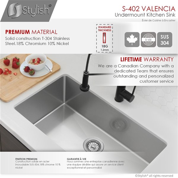 Stylish 31-in Single Bowl Dual-Mount Stainless Steel Kitchen Sink