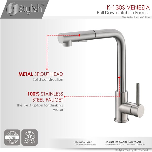 Stylish Venezia Stainless Steel 1-Handle Deck Mount High-Arc Handle/Lever Kitchen Faucet