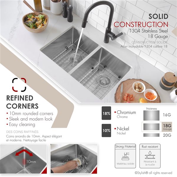 Stylish 28-in Double Bowl Dual mount Stainless Steel Kitchen Sink with Grids