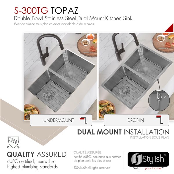 Stylish 28-in Double Bowl Dual mount Stainless Steel Kitchen Sink with Grids