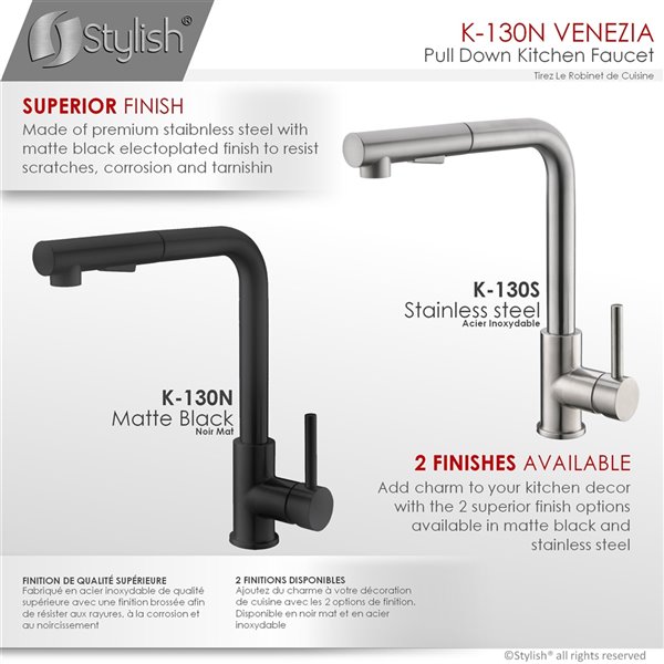 Stylish Venezia Matte Black 1-Handle Deck Mount High-Arc Handle/Lever Kitchen Faucet