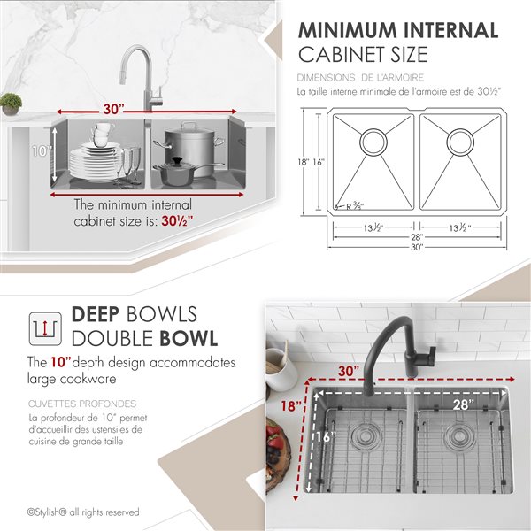 Stylish 30-in Double Bowl Undermount Stainless Steel Kitchen Sink