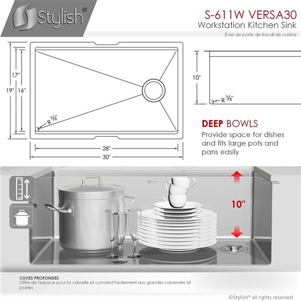 Stylish 30-in  Undermount Single Bowl Stainless Wokrstation Steel Kitchen Sink