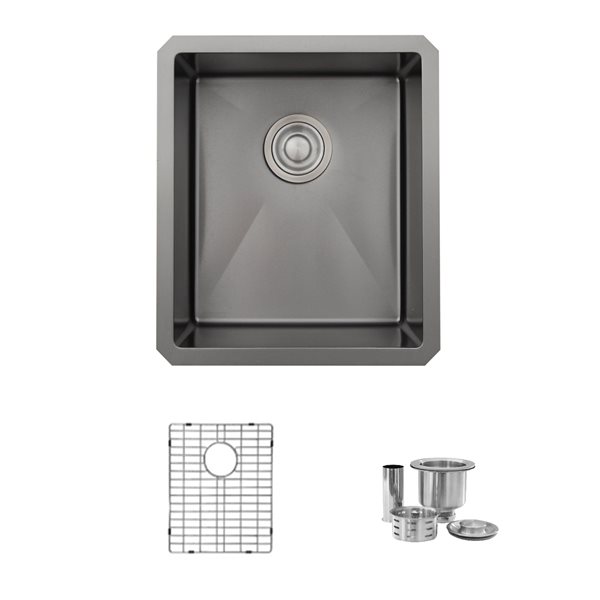 Stylish 16 inch Graphite Black Single Bowl Undermount Stainless Steel Bar Sink with Grid and Basket Strainer